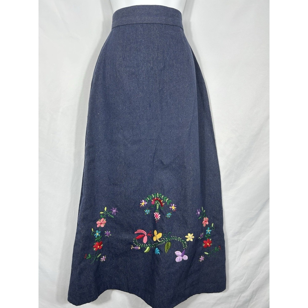 Handmade Vintage Boho Hippie Folk Art‎ Embroidered Denim Jean Maxi Length Skirt